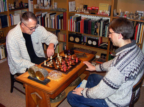 Lothar Nikolaiczuk (left) plays against a friend Hans-Jürgen Fresen on the board that belonged to Adolf Anderssen who was one of the strongest German chess player of the 19th century. Photo credit Johannes Gross of www.ruhrnachrichten.com