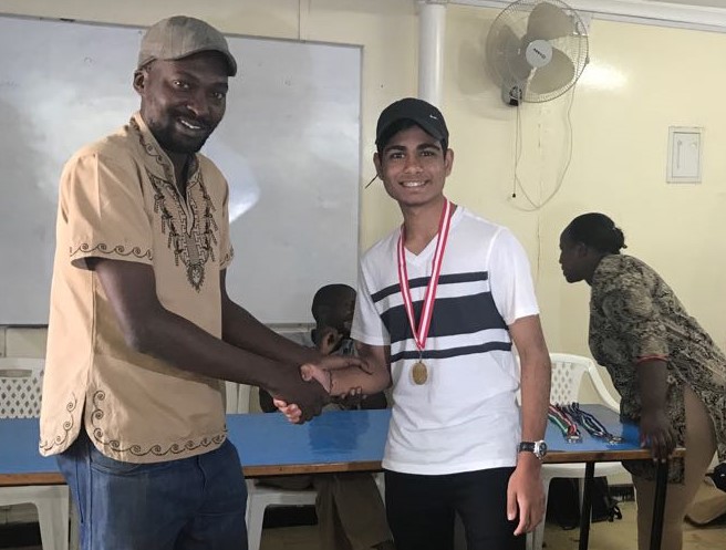 Current Kenya National Champion U16 Dev Shah (right) is congratulated by Moses Andiwoh on winning the 2018 Nairobi Region Championship.  He will represent Nairobi Re