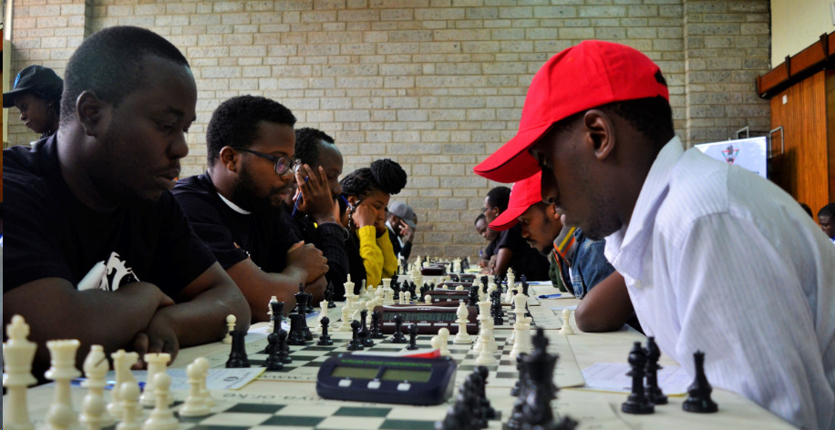 Action photos from the Kenya Chess Premier League. Left Victor Hongo and Trevor Mulindi in action.