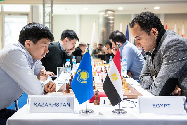 Rinat Jumbayev (left) in action against Africa's top player Bassem Amin of Egypt. Photo credit David Llada.