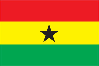 The flag of Ghana consists of three horizontal bands (strips) of red (top), gold (middle) and green (bottom); the three bands are the same height and width; the middle band bears a five-pointed black star in the centre of the gold band, the colour red band stands for the blood spilled to achieve the nation's independence: gold stands for Ghana's industrial mineral wealth, and the color green symbolises the rich tropical rainforests and natural resources of Ghana.