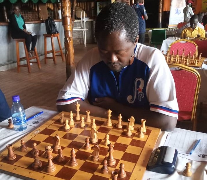 CM Ben Magana of Kenya in action at the 2019 Rwabushenyi Open.  Photo credit Pearl of Africa Chess.