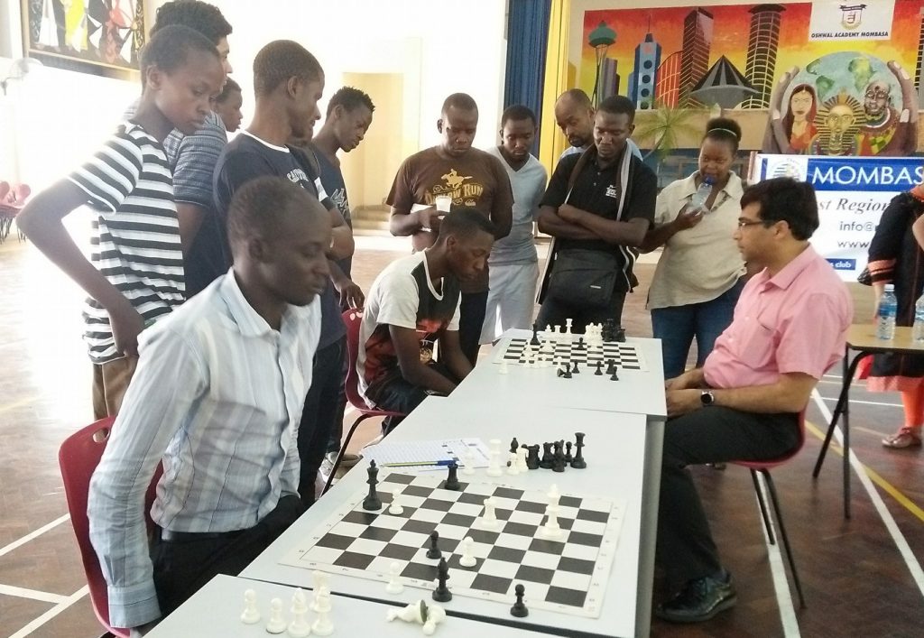 The last two players James Panchol and FM Haruna Nsubuga of Uganda in the Viswanathan Anand Simultaneous held in Mombasa.  Photo credit Paras Gudka.