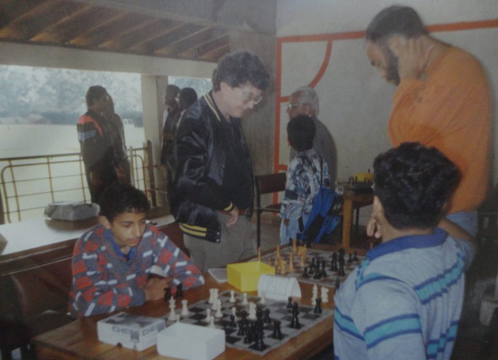 Mehul Gohil left in action during the 1993 Kenya Open at Braeburn School, Nairobi. In those days he always turned up with a brief case for a tournament (comment added by Kim Bhari).