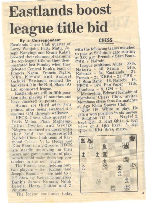Newspaper cutting from the late 1980s about Eastlands Chess Club.