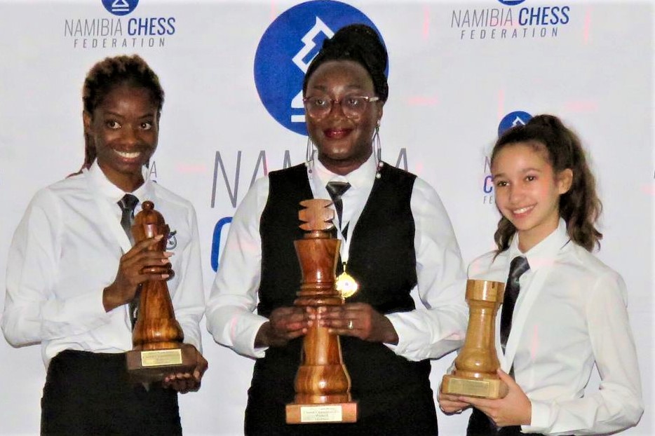 Prize winners of the Ladies section. From left WCM Jolly-Joice Nepando (2nd place) WFM Rauha Shipindo (winner)_and WCM Jamie-Nicole Beukes (third place).