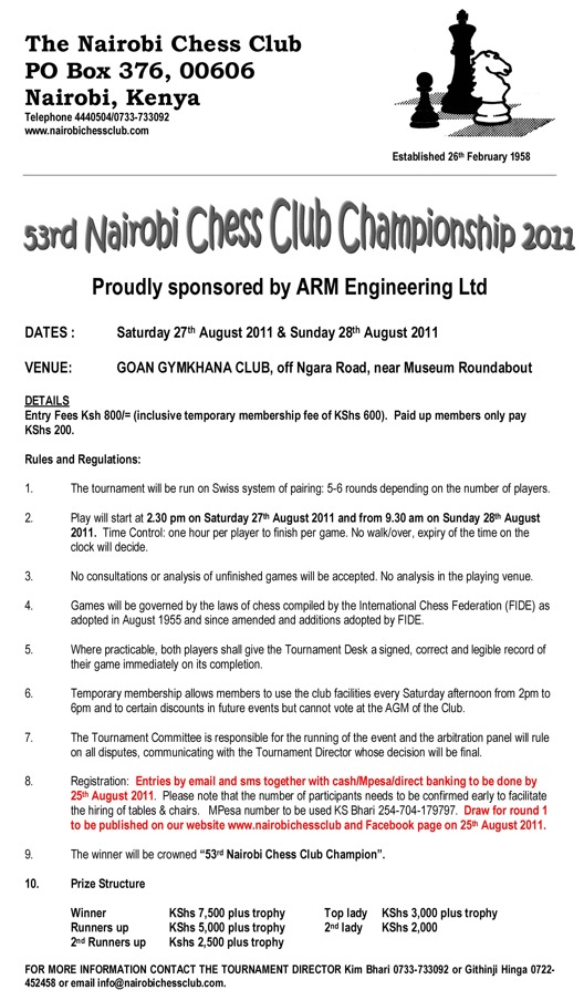 Event poster for the 53rd Nairobi Chess Club Championship.