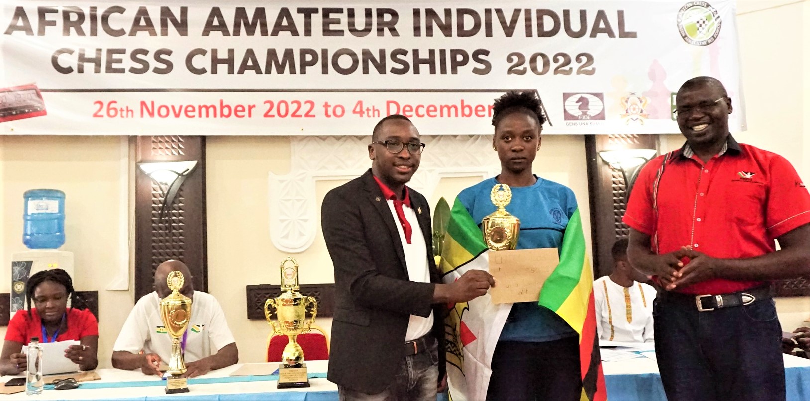 Prize winners and officials pose for a group photo at the end of the African Amateur 2022 Chess Championship.