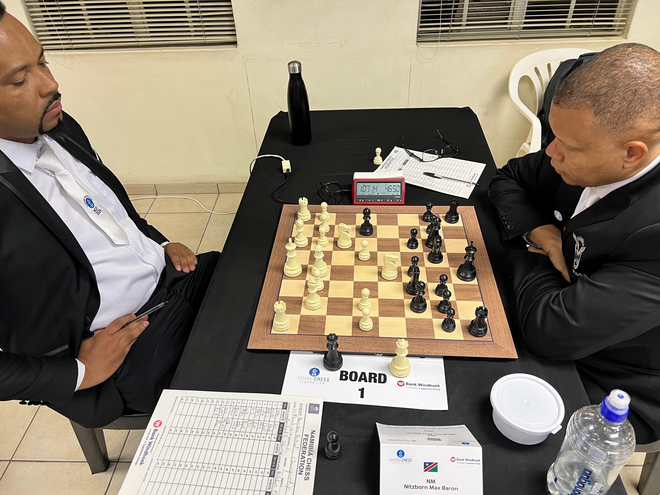 Bernhard Swhwarz (left) who was placed third with 6.5 points taking on Max Baron Nitzborn who scored four points and ended fifth in the ranking. Both players have qualified for the Olympiad Team.