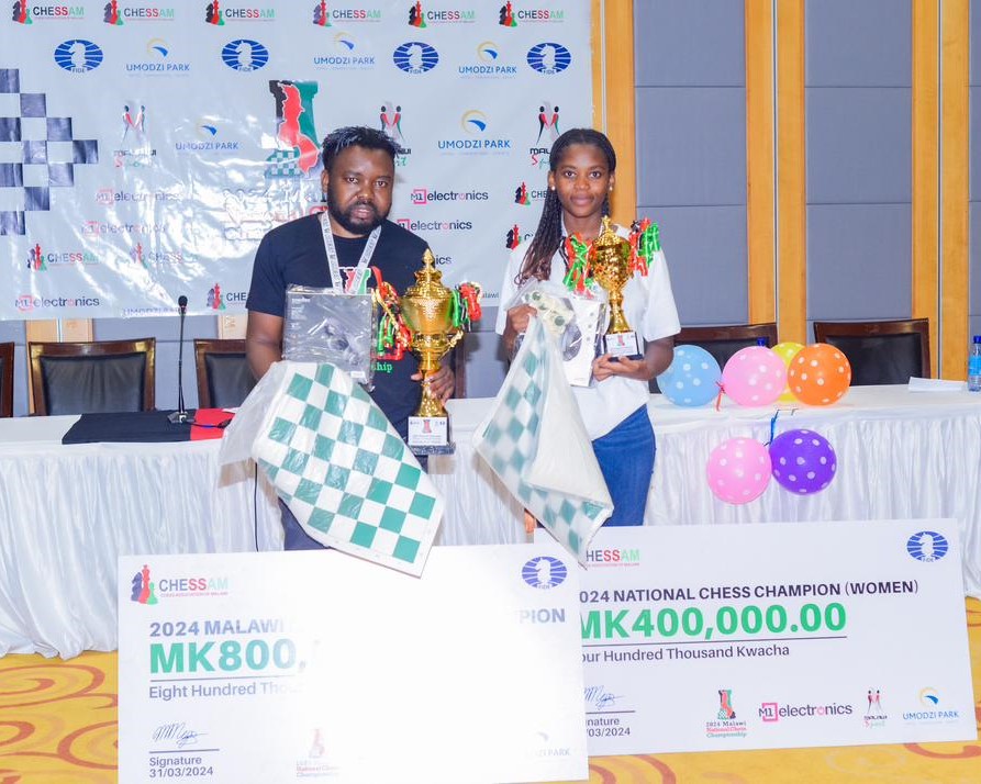 FM Joseph Mwale and Caroline Trapence the proud winners of the 2024 Malawi National Chess Championship.